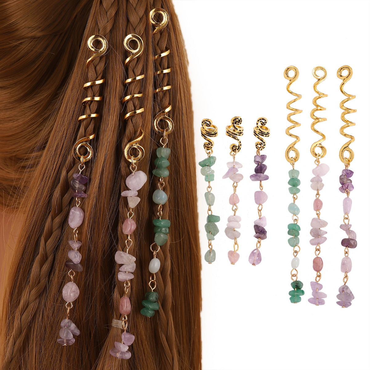 Accessoire de Cheveux Tressé — Pendentif en Pierre Naturelle
