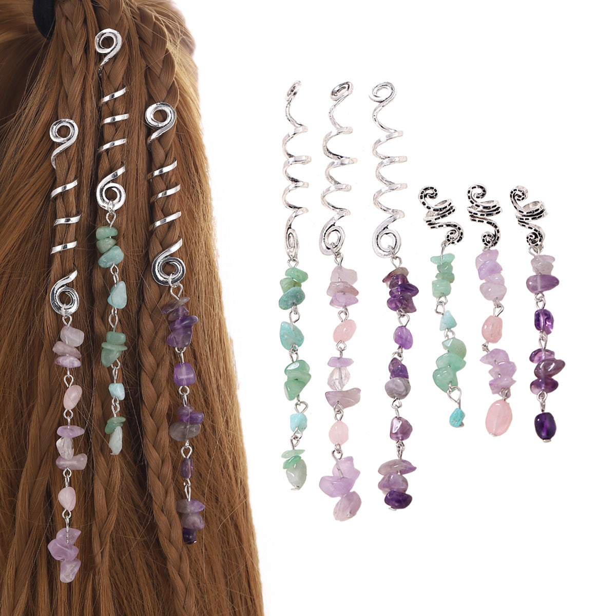 Accessoire de Cheveux Tressé — Pendentif en Pierre Naturelle