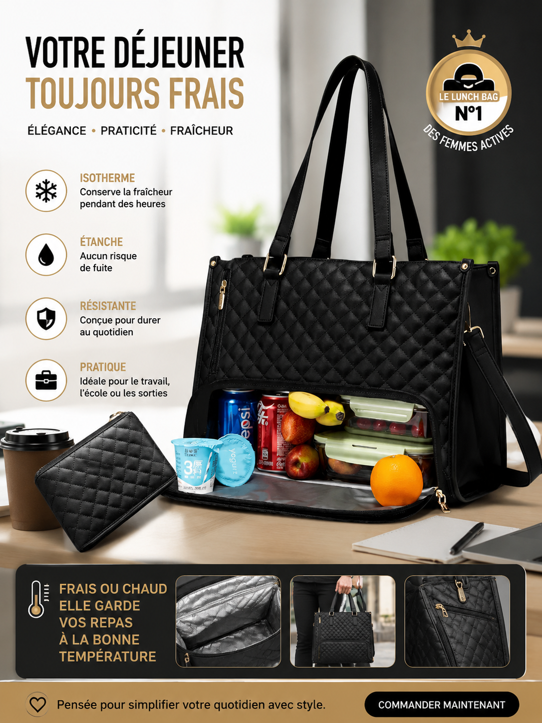 Sac Tote Matelassé Isotherme – Compartiment Repas & Laptop