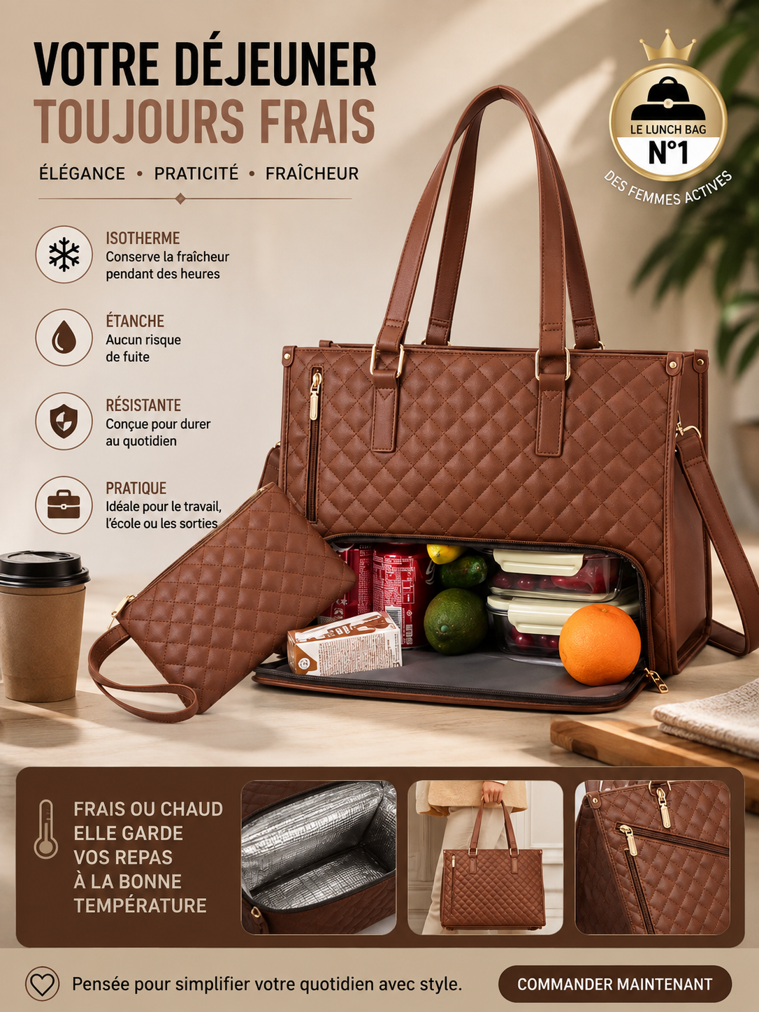 Sac Tote Matelassé Isotherme – Compartiment Repas & Laptop