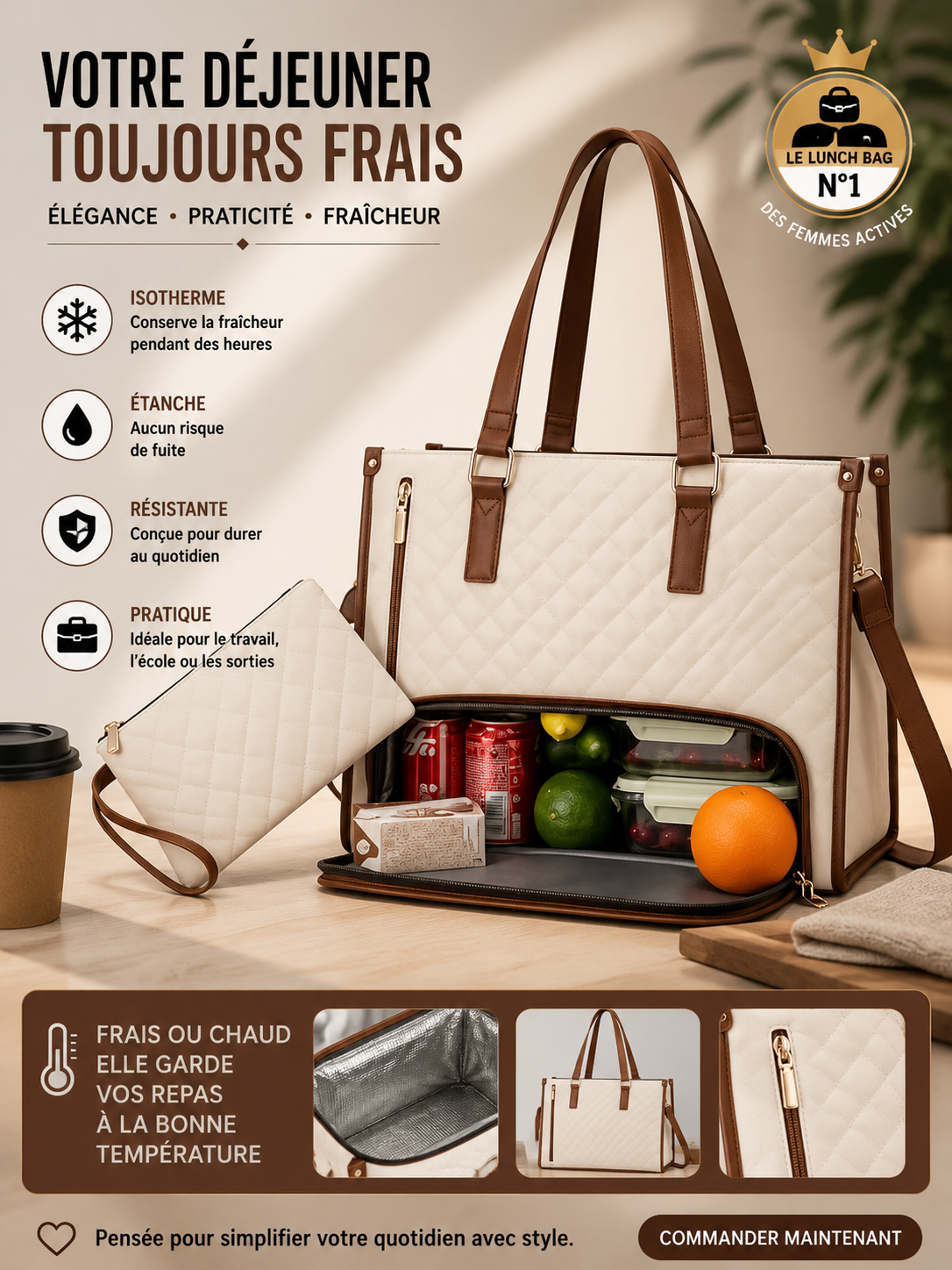Sac Tote Matelassé Isotherme – Compartiment Repas & Laptop