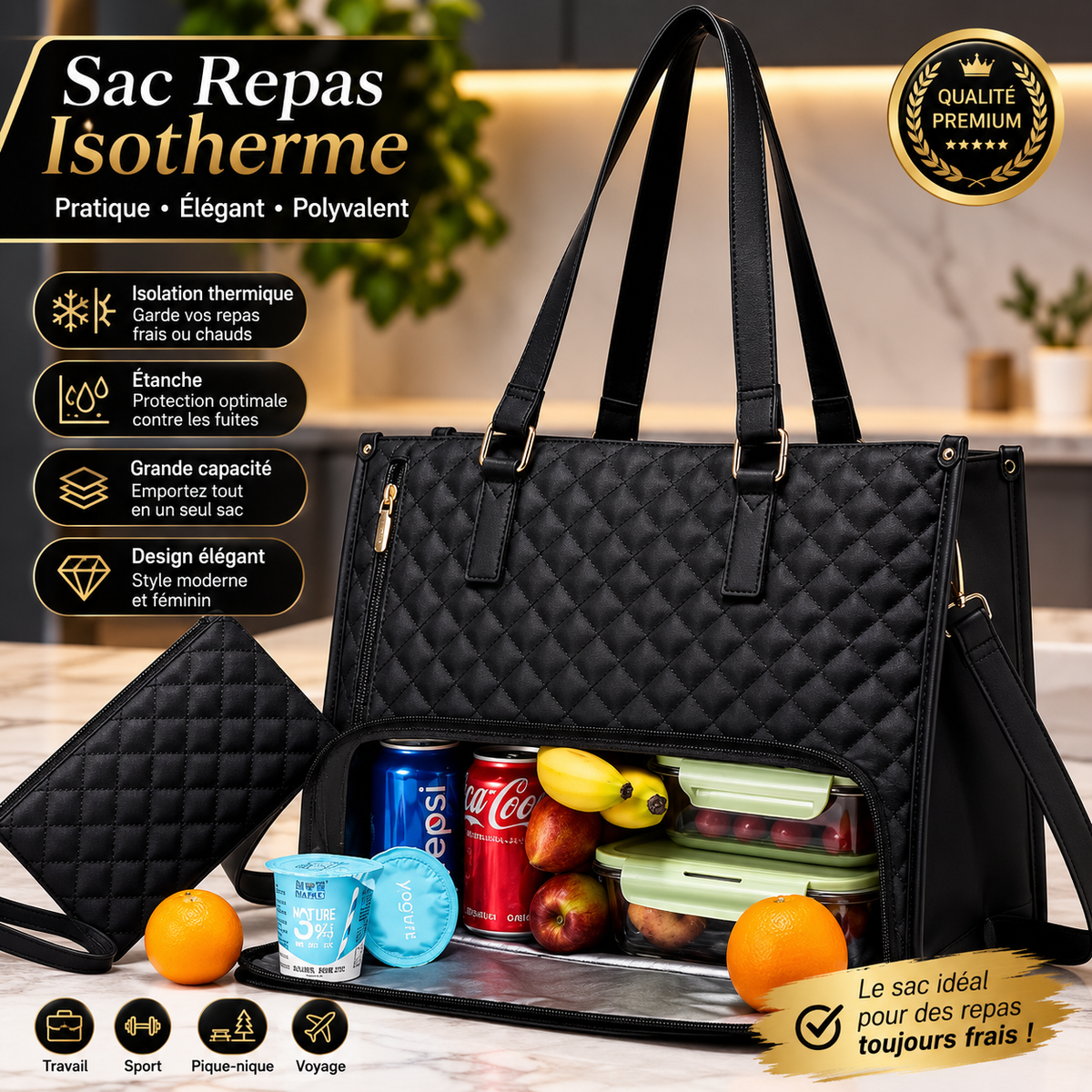 Sac Tote Matelassé Isotherme – Compartiment Repas & Laptop