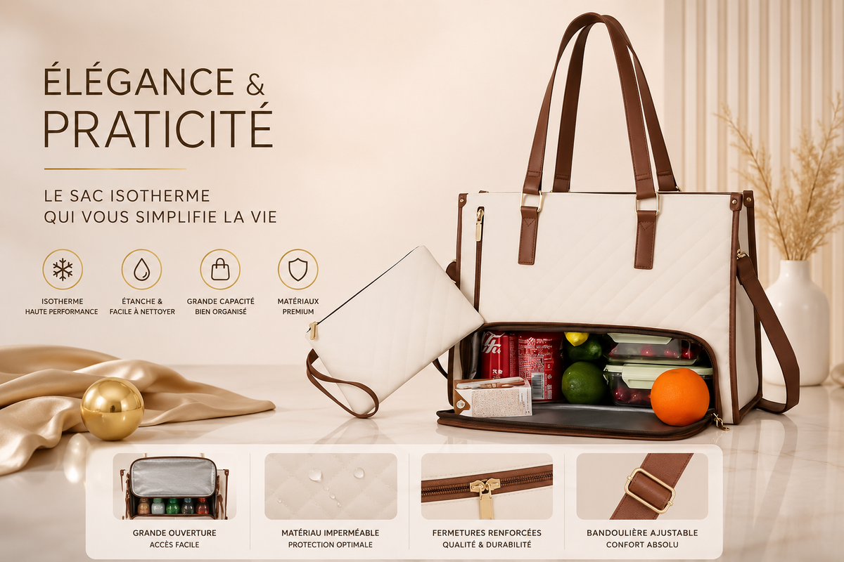 Sac Tote Matelassé Isotherme – Compartiment Repas & Laptop