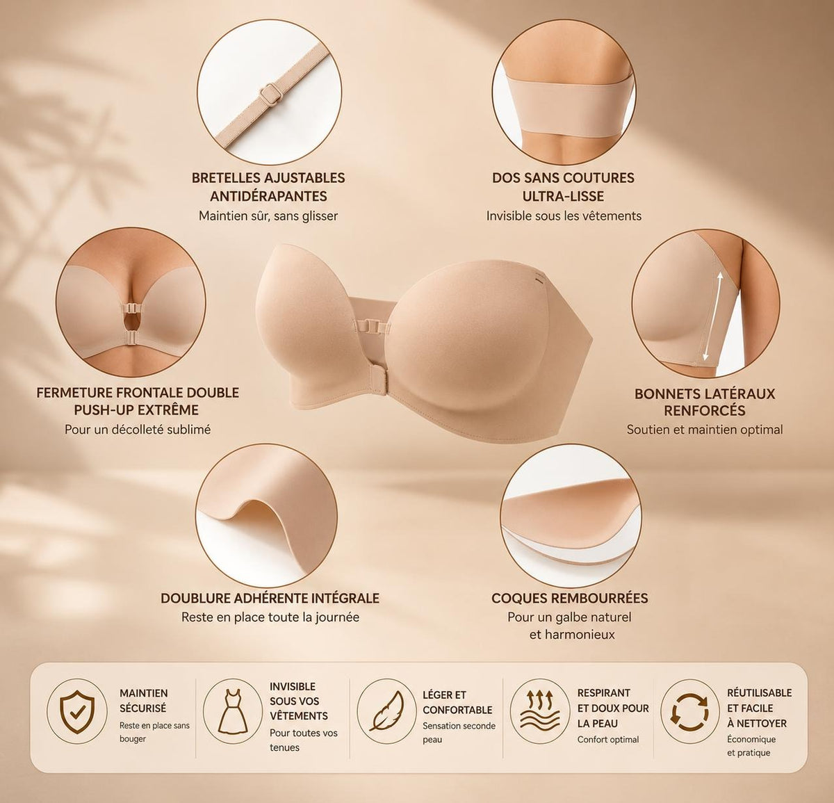 Soutien-gorge Bandeau Sans Bretelles Push-Up & Multifonction